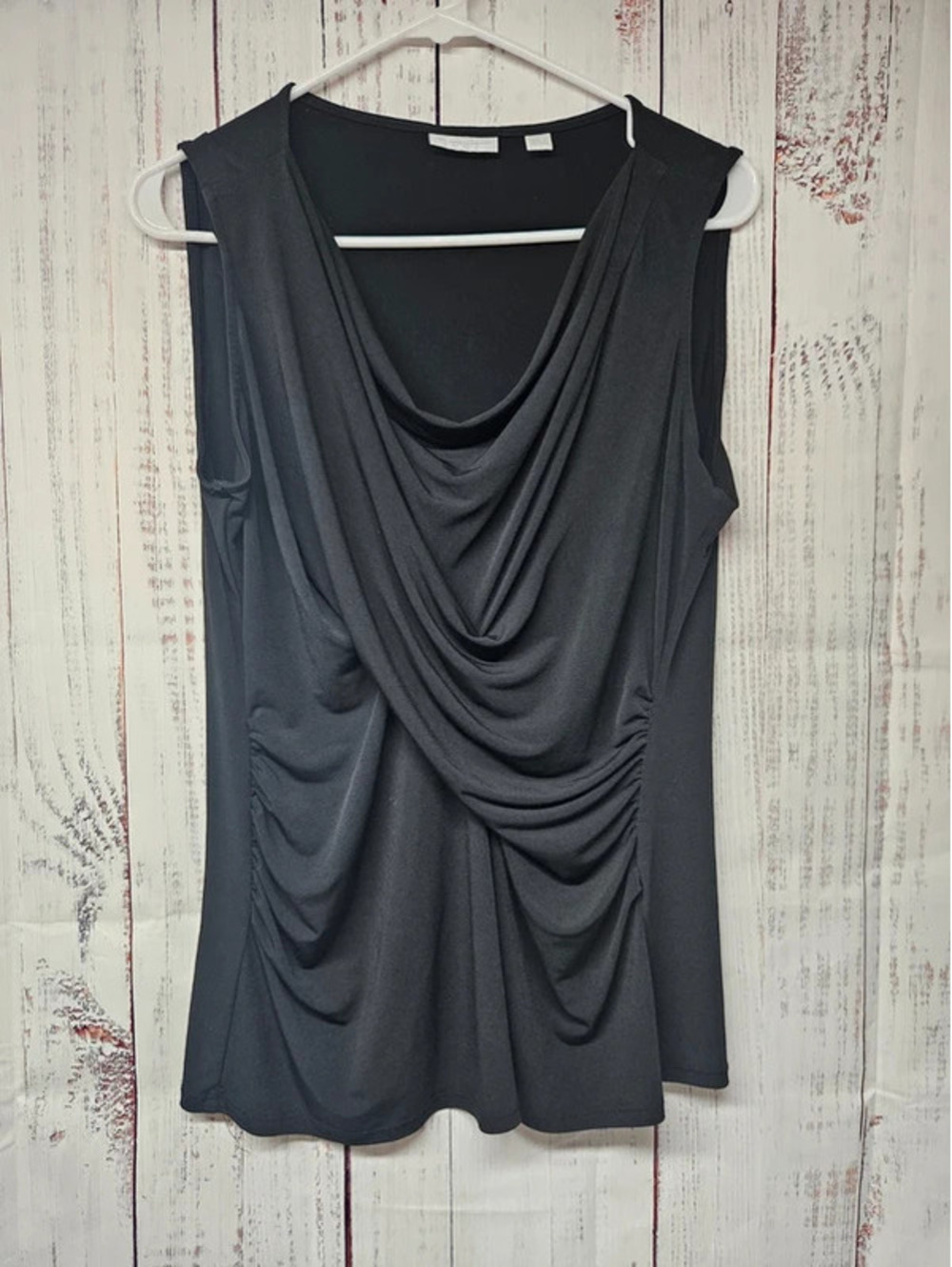 New York & Company Stretch Top L Black Draped Cowl Neck Ruched Sleeveless